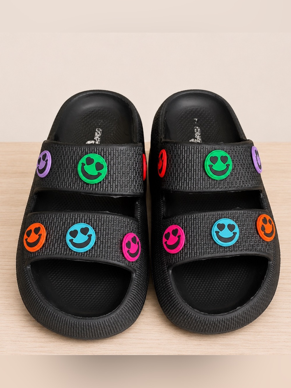 Kids Black Slide Sandals with Multicolor Smile Charms